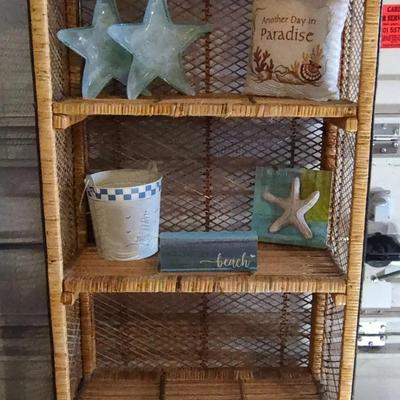 Wicker Shelving Unit &  Beach Decor