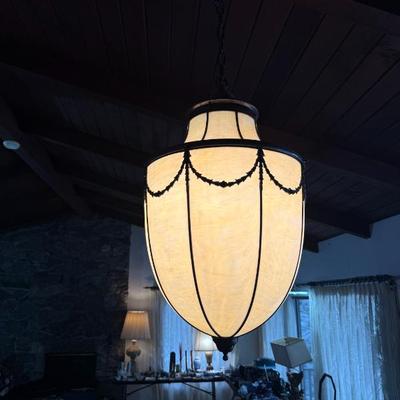 Sale Photo Thumbnail #65: Historical Antique Pendant Light of substantial size- Appears to be Tiffany Brooklyn (Large) Acorn Pendant light. Textured Leaded Slag Glass in a rich cream swirl color and often associated with the Arts & Crafts and Art Nouveau period. 