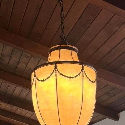 Sale Photo Thumbnail #64: Historical Antique Pendant Light of substantial size- Appears to be Tiffany Brooklyn (Large) Acorn Pendant light. Textured Leaded Slag Glass in a rich cream swirl color and often associated with the Arts & Crafts and Art Nouveau period. 