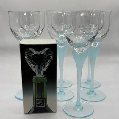 Mikasa Sea Mist Turquoise Frosted Stem Water Goblets & Heart Wine Stopper