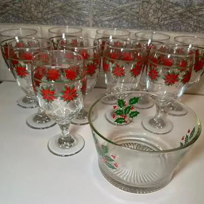 Libbey Christmas Poinsettia and Stripes Goblets & Bowl