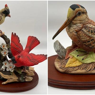 Lefton Cardinal & Woodcock Porcelain Figurines on Wood Display