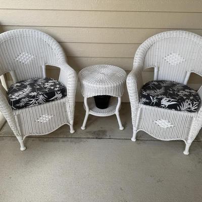 White Wicker Outdoor Patio Chairs with Matching Side Table & Cushions