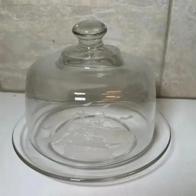 Ship Etched Vintage Domed Cheese Plate