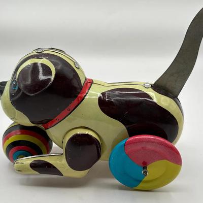 Vintage Tin Mechanical Push & Go Dog Toy