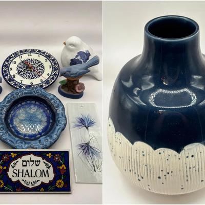 Handpainted Delft Blue Trinket Dish, Blue Themed Birds & Clock