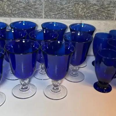 Cobalt Blue Clear Stem & Cristal Water Wine Goblets