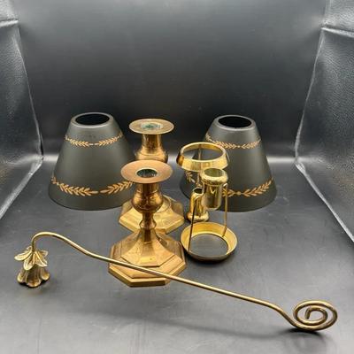 Pair Of MCM Brass Candle Sticks, Candle Shade Carrier, & Metal Shades