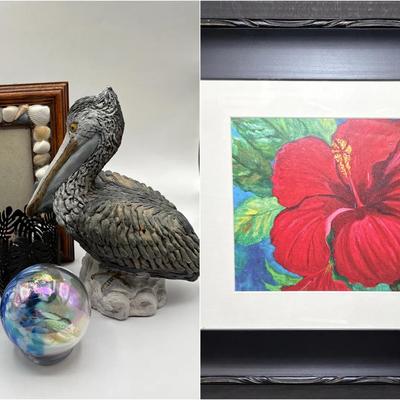 Pelican Sculpture, Seashell Decor & Monstera Candleholders