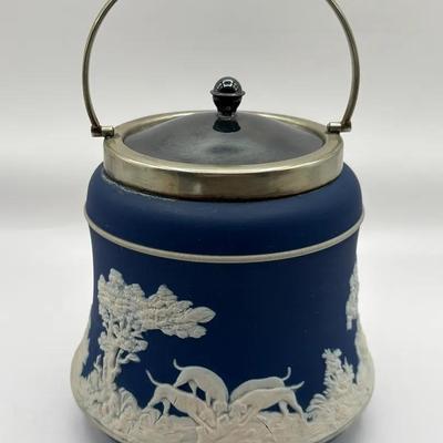 Antique English “Fox Hunt” Adams Jasperware Biscuit Barrel