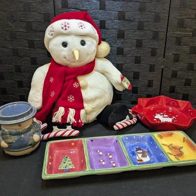 Christmas Serving Ceramics, Stuffed Snowman + Snowman Candle Holder