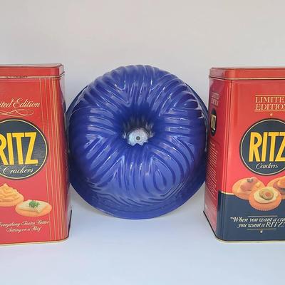1986 And 1987 Limited Edition Ritz Canisters, And Bright Blue Bundt Pan