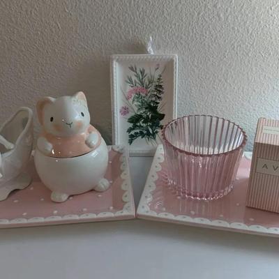 Pink + Ceramics - Bunny Jar, Polka Dot Trays, Avon Wall Plate, Cherub Vase + Avon Candle