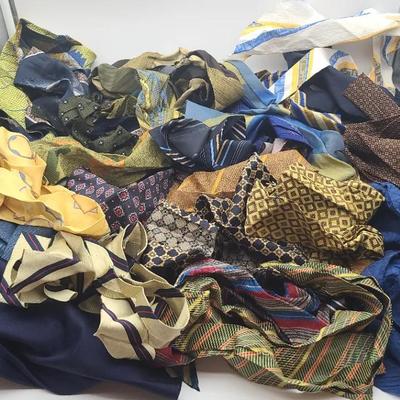 Blue And Yellow Lot Of Necktie Pieces, Some Silk, For Fabric Crafts