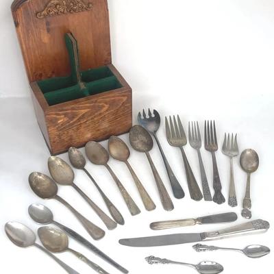 Wooden Silverware Holder W/ Antique & Vintage Flatware 