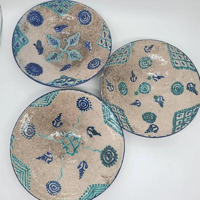 Painted Southwestern Terra Cotta Bowls With Wall Hangers -- Blue, Turquoise, And Tan