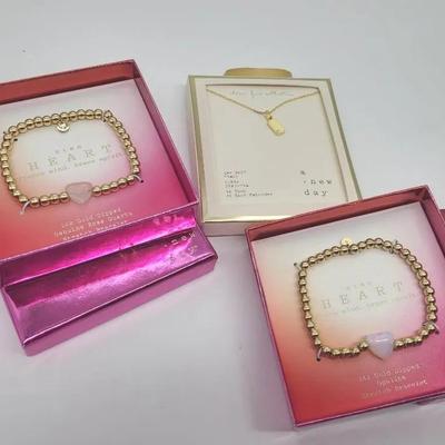 New-in-box 14k Gold Plated Or Dipped Bracelets (Rose Quartz And Opalite) And Necklace