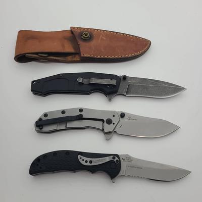 3 Kershaw Knives (1321, 1551, 3650ST), Plus Leather Sheath