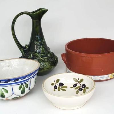 Hand-painted Italian And Portuguese Ceramics, Green Decanter, W-S Olive Bowl