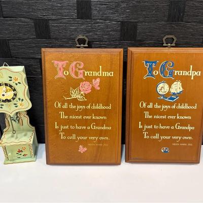Grandma and Grandpa Wooden Plaques, and Miniature Painted Clock 