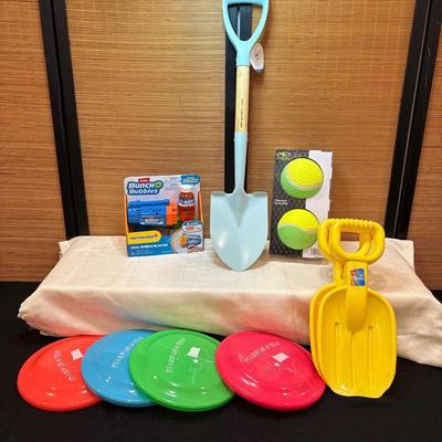 Outdoor Toys- Shovels, Frisbees, Bubbles, Lg Tennis Balls 