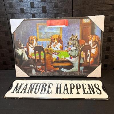 Dogs Poker Game Canvas Print and "Manure Happens" Metal Sign 