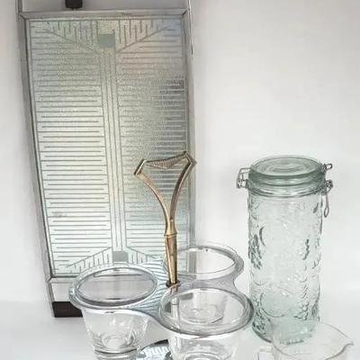 Mid-century Chrome 3-dish Server, Measuring Cup, Fancy Jar, Etc