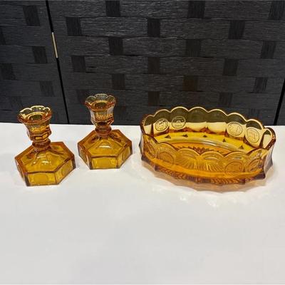 Pair of Amber Candleholders and Coin Glass Oval Dish