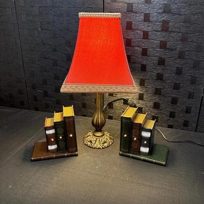 Traditional Lamp with Red Shade, and Book Stack Bookends