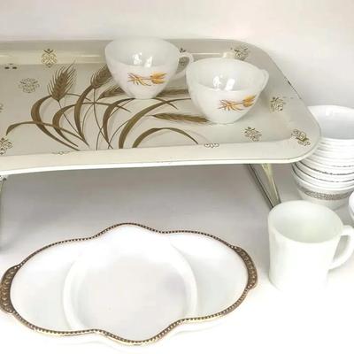 Fire King Wheat Cups, Fire King 22K Gold Rim Tray, Tin Wheat Print Tray & Corning Cups