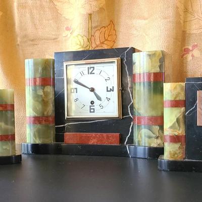 Art Deco Onyx And Other Stone Mantle Clock And Garnitures -- Reserve $200
