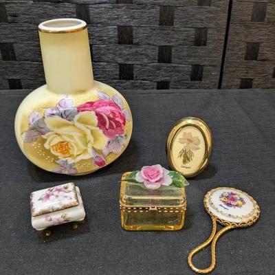 Nippon Vase, Floral Trinket Boxes, Mini Frame + Mirror