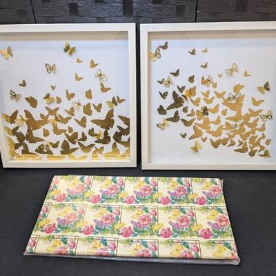 Gold + White Butterfly Art (17"x17") & Vintage Butterfly Wrapping Paper