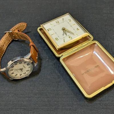 Timex Leather Band Watch + Westclox Pocket Clock 
