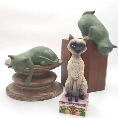 Jim Shore Cat Figurine, And 2 Concrete Shelf Cats