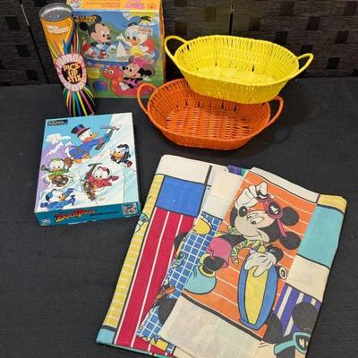 Vintage Disney Puzzles + Standard Size Pillow Cases, Pickup Sticks + Vinyl Baskets