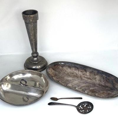 Silver Plate Serving Pieces & Tall vase - Leaf Tray, Divided Dish, Spoons