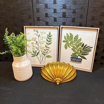 Woven Wall Art, Concrete Vase, and Gold Plastic Molded Wall Pocket