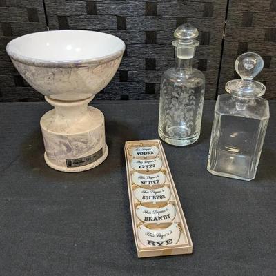 Glass Decanters, Beam Decanter + Porcelain Liquor Labels