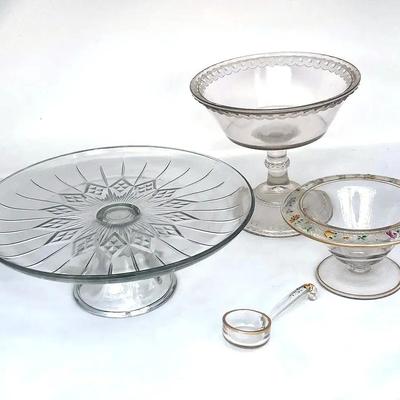 Vintage Serving Dishes - Hand-Painted Sauce Bowl & Ladle, Starburst Cake Stand, Tall Foot Bowl