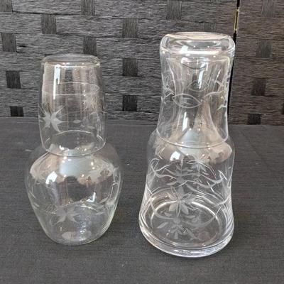 2 Small Etched Glass Decanters 