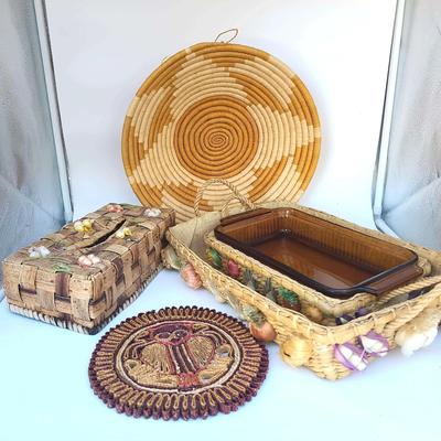 Natural Woven Items From The Philippines, Sm. Anchor-Hocking Casserole, Mex. Bat Trivet, Coil Basket