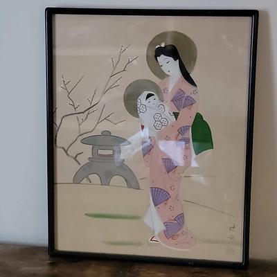 Vintage Japanese Madonna And Child Painting On Silk 