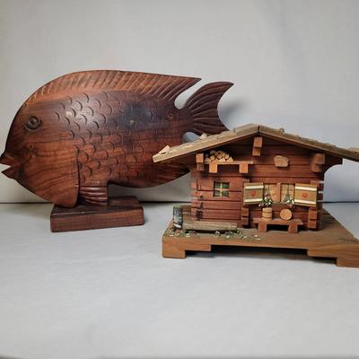 Vintage Handcarved Wooden Fish And Swiss Chalet Music Box