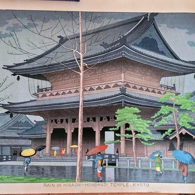 Vintage Unframed "Rain in Higashi-Honganji Temple, Kyoto" by Takeji Asano. 