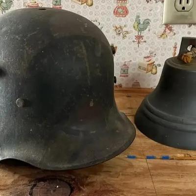 WWI German M16 or M18 Stahlhelm combat helmet and Antique Brass Bell