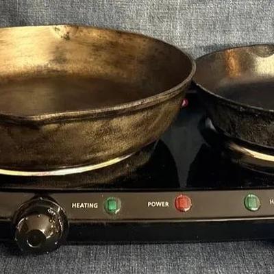 Two Burner Stove And Cast Iron Pans