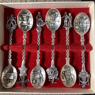 Sale Photo Thumbnail #40: Vintage Dutch-Themed Souvenir Spoon Set (6) – Windmills & Village Scenes (in Box)