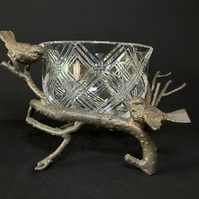 Bronze Bird Branch Stand And Crystal Bowl