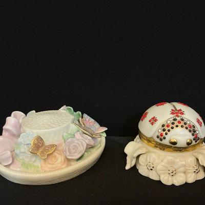 Lenox Ladybug Flowers Trinket Box And Musical Bonnet 